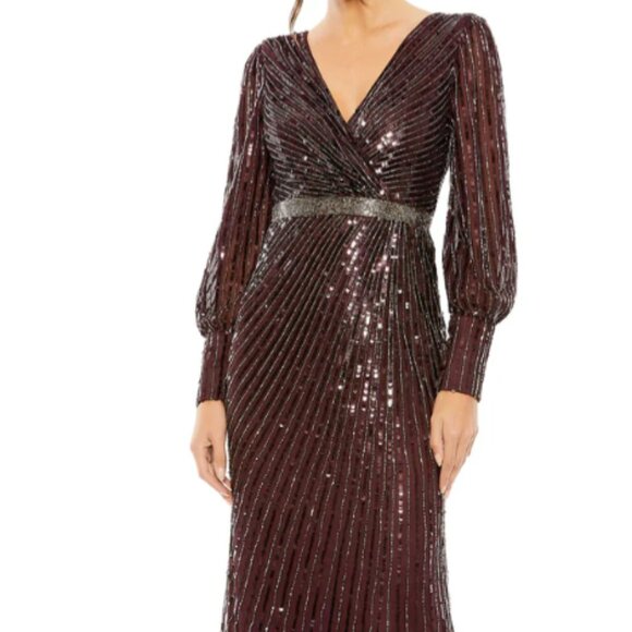 MAC DUGGAL 5501 SEQUINED WRAP OVER BISHOP SLEEVE BLACKBERRY GOWN sz 10 - Picture 1 of 6